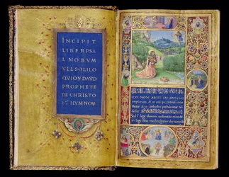 Ms 37-1950, ff.1v-2r: Página de título y miniatura del Rey David en oración, del Salterio de los Medici, Florencia, c.1480-90